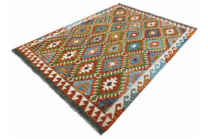 Diagonal kilim rug, multicolored diamonds and zigzag border