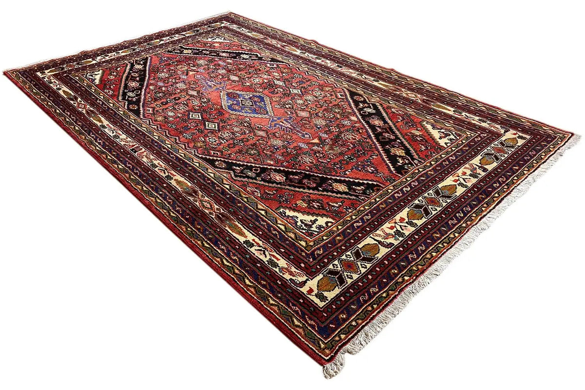Oriental rug with a red patterned field, dark border, and beige accents