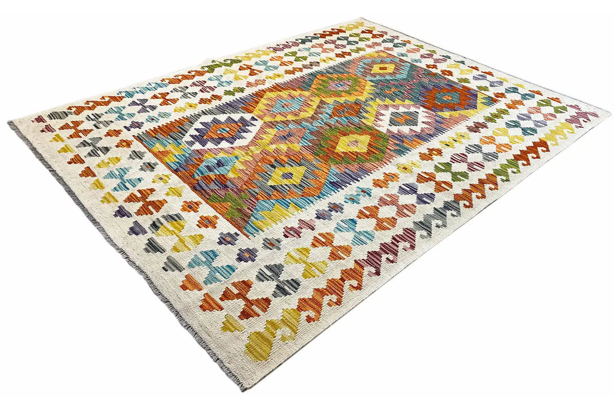 Afghan kilim 200x148 cm with geometric diamonds and decorative border, diagonal