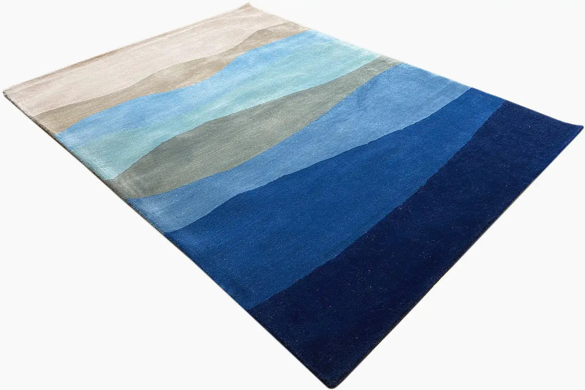 Hand-tufted rug 150x200 cm, striped pattern with light beige and blue zones