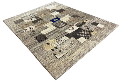 Gabbeh rug 192x152 cm, light beige with a patchwork mosaic of gray, black, and blue