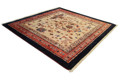 Square rug with a red border, beige field with ornaments, and dark blue edging