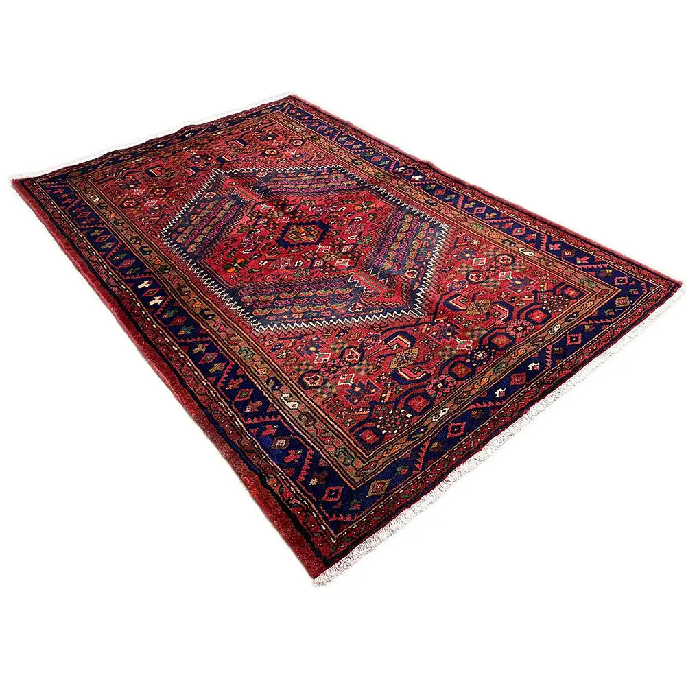 Red Hamadan rug with a blue border and varied ornamental pattern