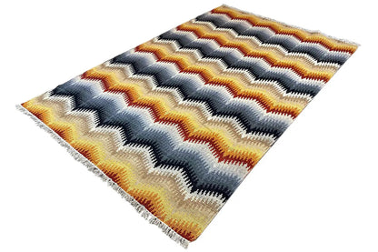 Kilim rug 160x230 cm, diagonal corner, zigzag pattern in blue and yellow