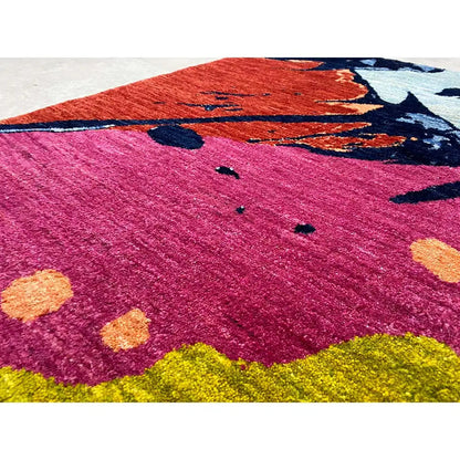 Gabbeh rug 89x60 cm, close-up: pink pile with abstract dots and color fields