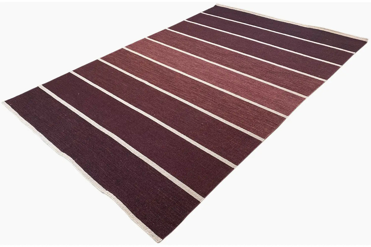 Modern burgundy kilim with white stripes, flat draping