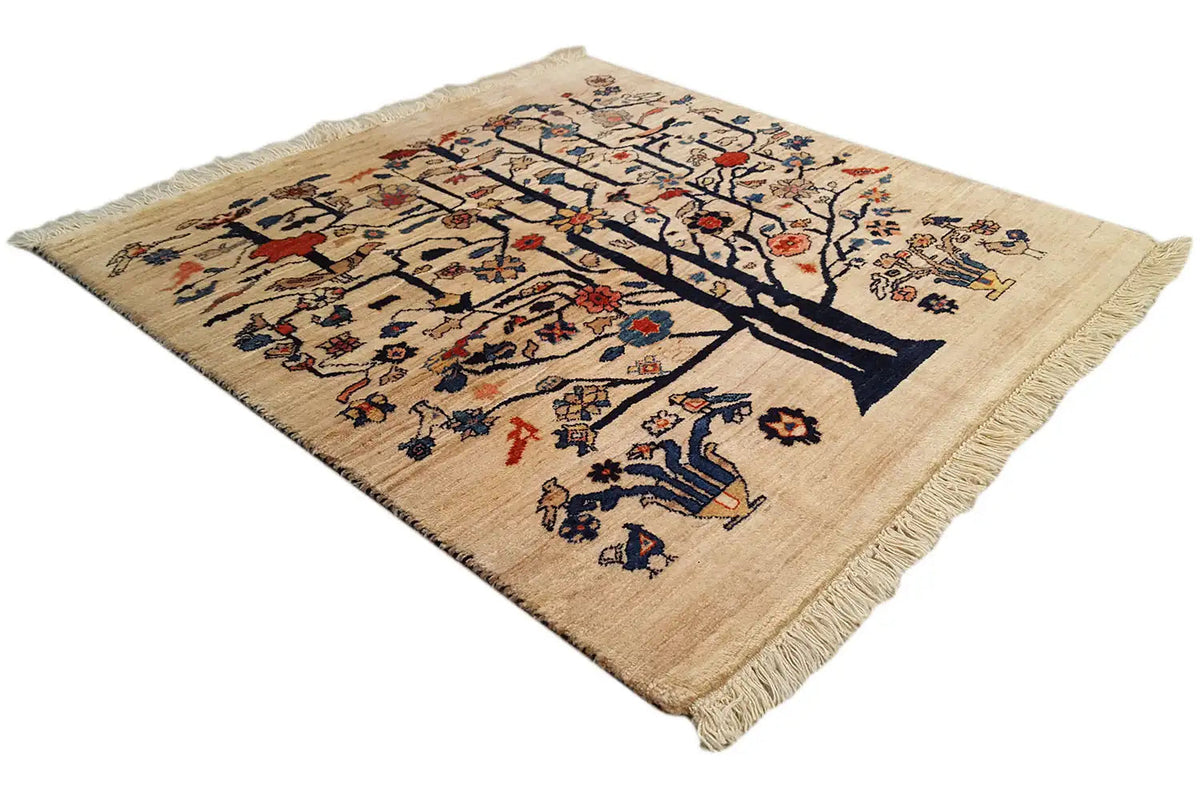 Oriental rug with a tree design and ornamental details, beige background