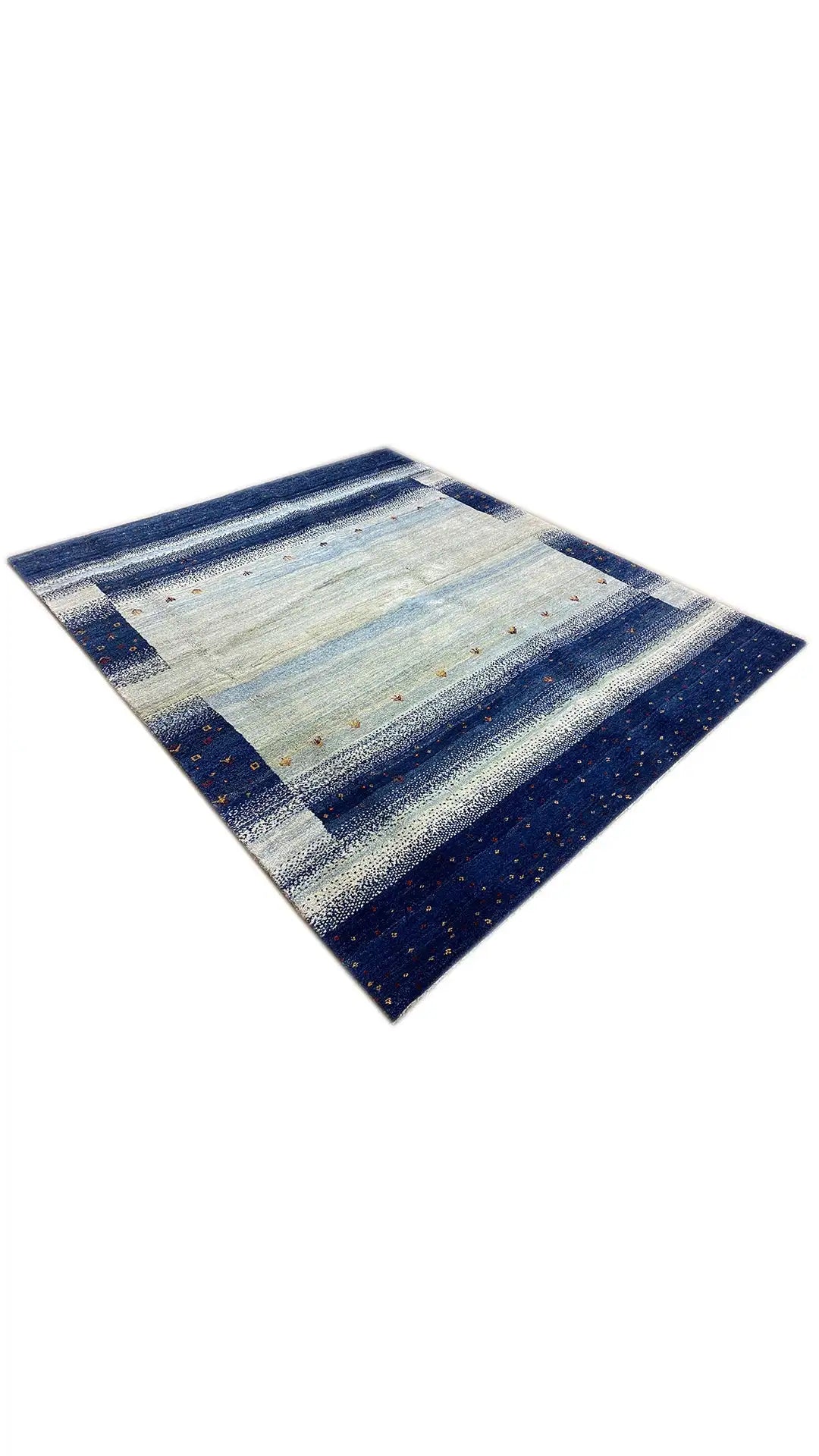 Gabbeh rug, blue and light beige block stripes with many small colored dots