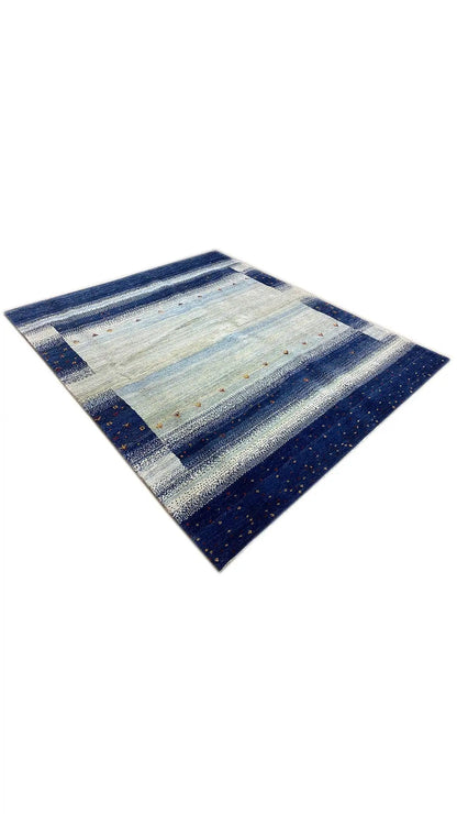 Gabbeh rug, blue and light beige block stripes with many small colored dots