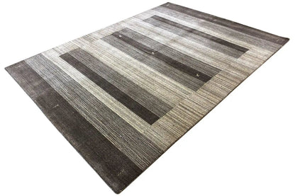 Gabbeh rug pattern in diagonal view: gray, beige, and dark stripes in a square