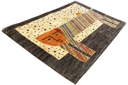 Gabbeh Lori rug (100 x 66 cm) at an angle, cream-colored center with striped and figurative pattern