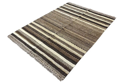 Rug with stripes in gray, cream, and dark brown, with fringes along the edges.