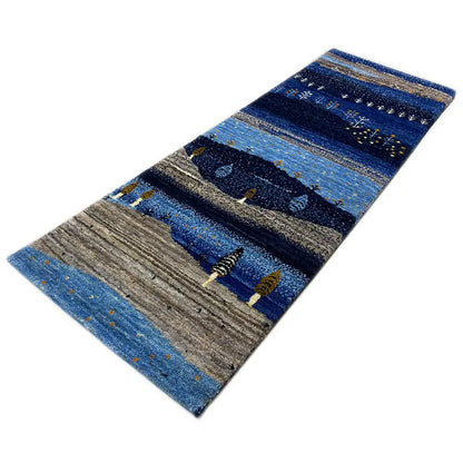 Blue-beige Gabbeh runner rug with contrasting stripes and decorative motifs