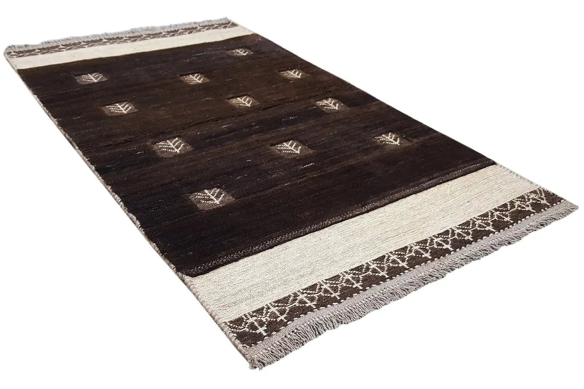 Gabbeh rug (163x92 cm), dark brown with light patterns and a wide decorative border