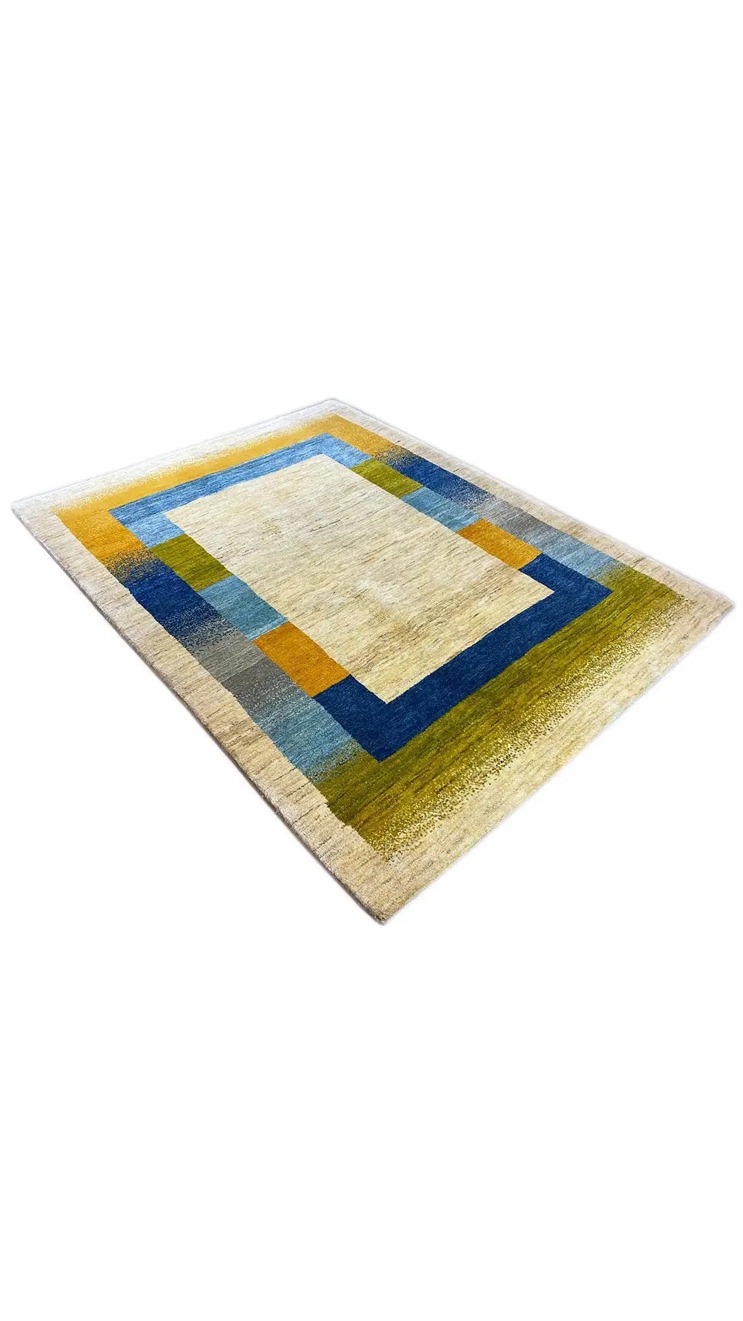 Gabbeh rug 195x150 cm with centered rectangular pattern and color blocks in blue/yellow