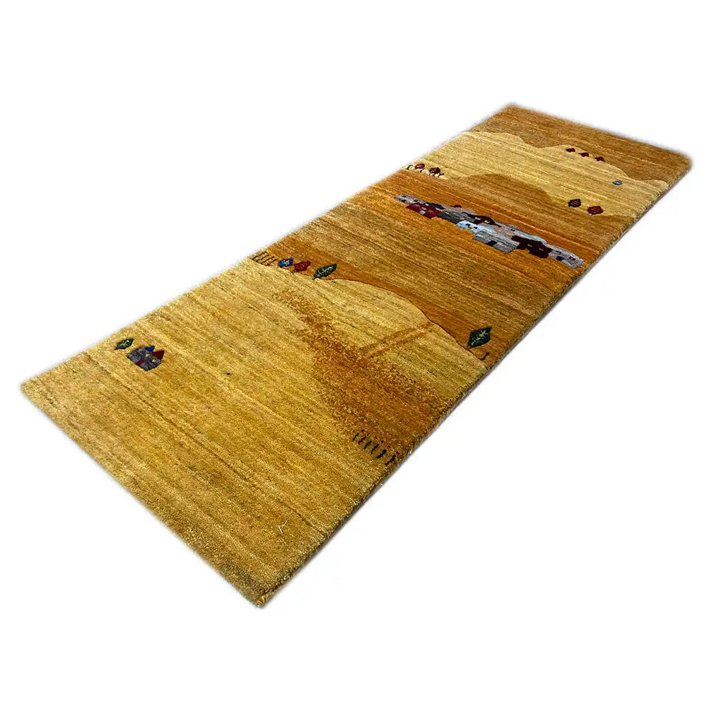 Gabbeh rug (runner) in yellow and brown with houses, plant and jewelry motifs