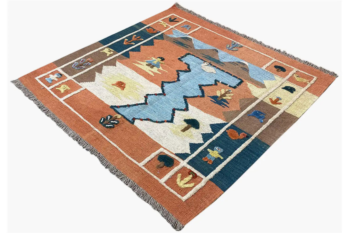 Slanted kilim rug: high-contrast border patterns in terracotta, blue, beige, fringe