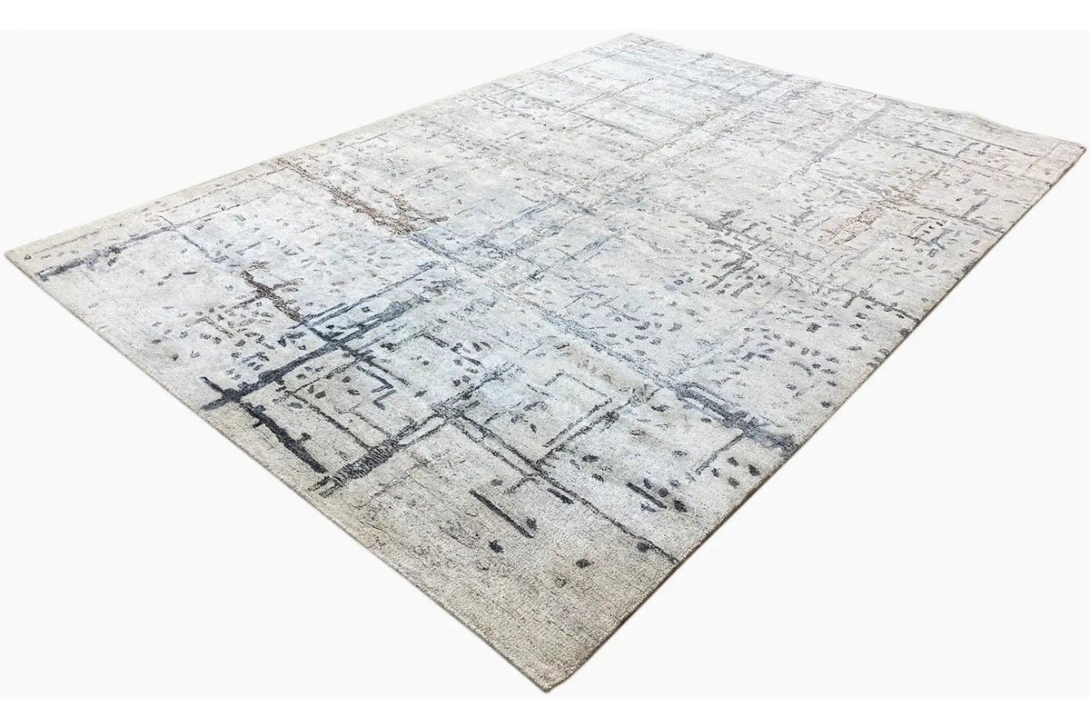 Hand-tufted rug 237x167 cm, abstract texture with blue-gray bars on a light background