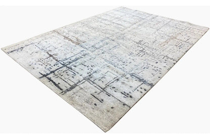 Hand-tufted rug 237x167 cm, abstract texture with blue-gray bars on a light background