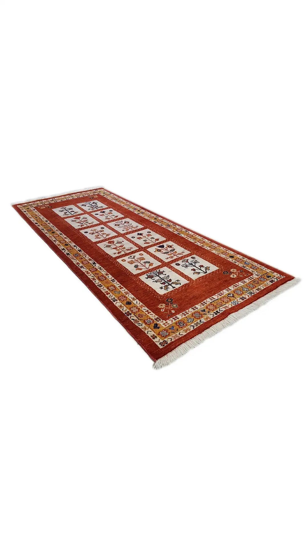 Rectangular Oriental rug in reddish brown with a geometric field pattern.