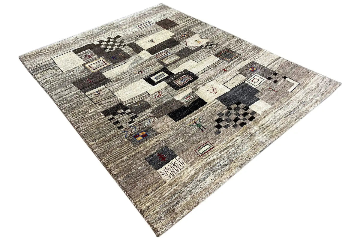 Gabbeh rug with rectangles and squares in beige-gray