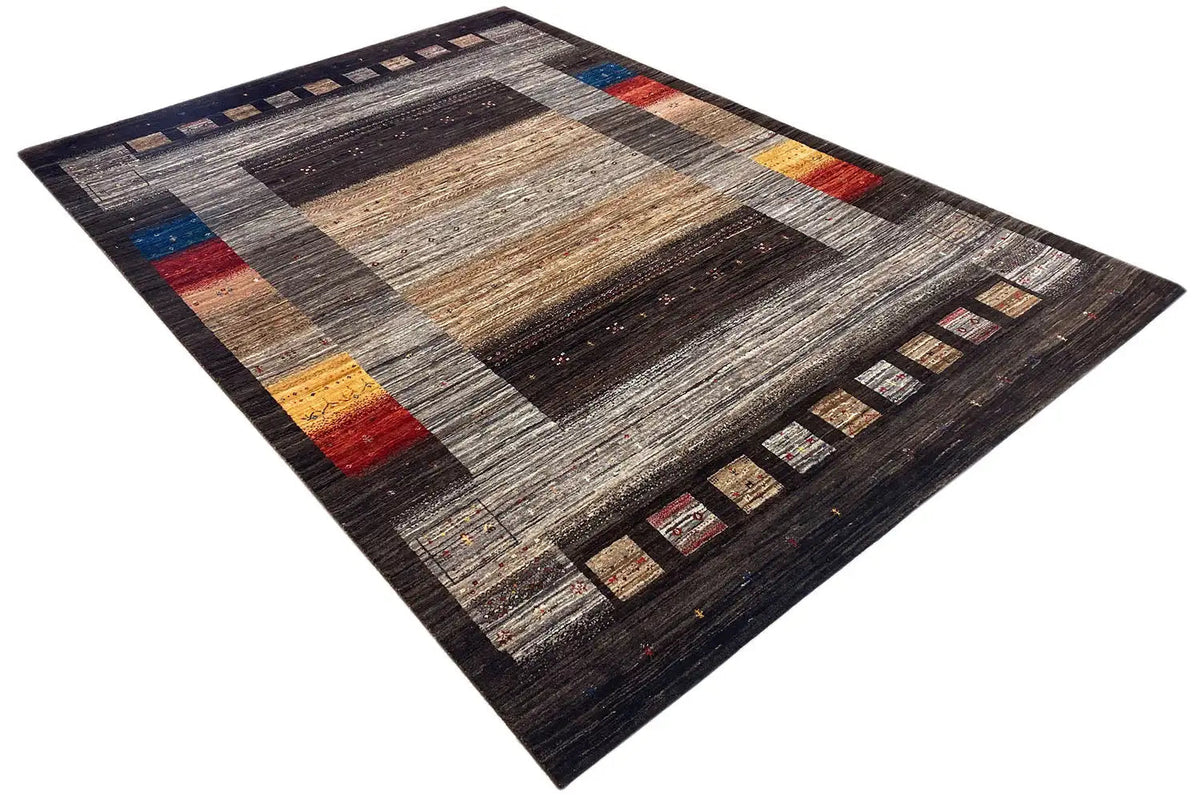 Gabbeh-Lori rug with central square and border trim, gray, black, beige