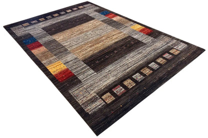 Gabbeh-Lori rug with central square and border trim, gray, black, beige