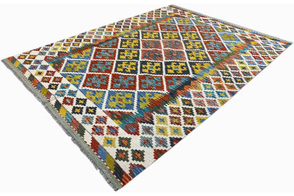 Afghan kilim at an angle, colorful squares and diamonds