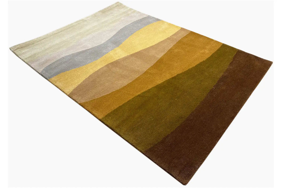 Hand-tufted rug 150x200 cm with stripes in beige, yellow, green, brown, and gray