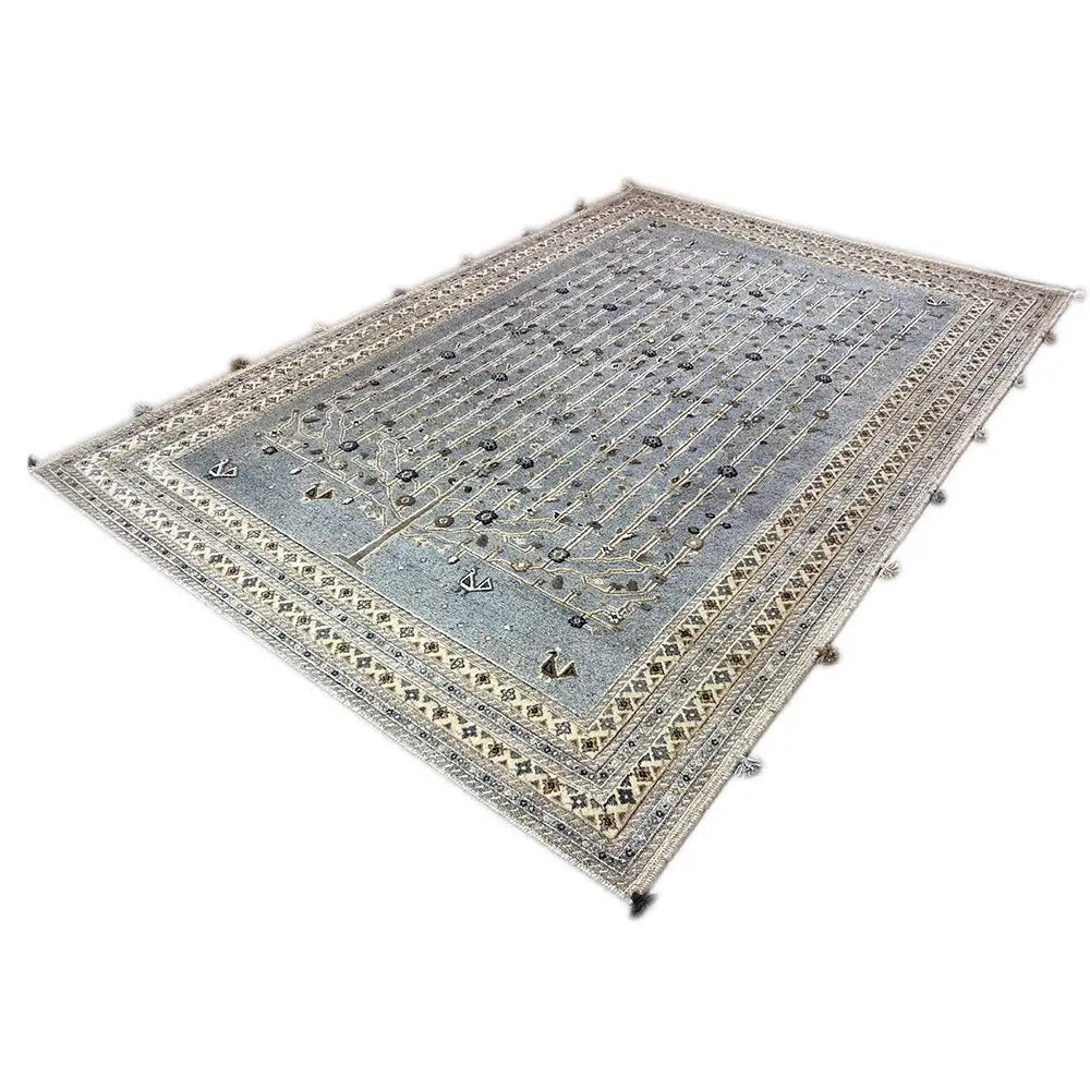 Rug with a blue-gray field and fine beige lines, geometric border, tassels