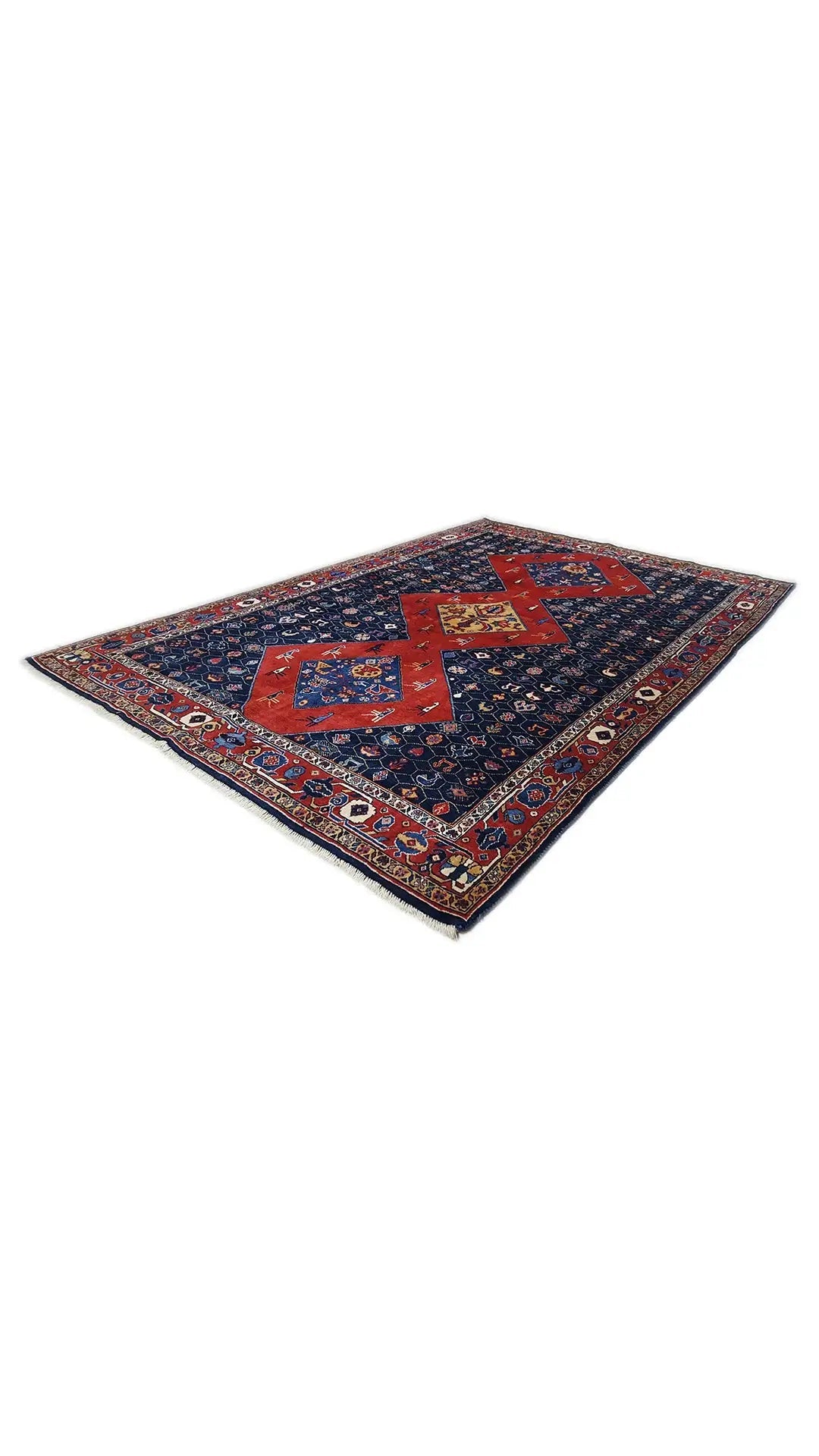 Blue and red carpet with a red central field and delicate border ornaments