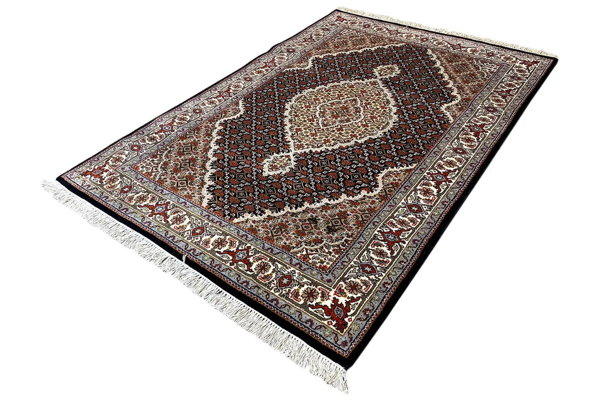 Indo Tabriz rug with light central medallion, brown, fringes, 185x122 cm