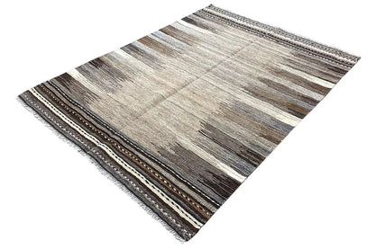 Kilim Qashqai rug, woven stripes in beige, gray, and brown with fringes