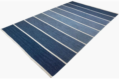 Dark blue kilim with beige horizontal stripes, flat-woven surface