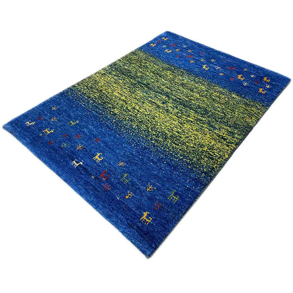 Gabbeh rug Lori (85x61 cm): blue-green rectangular rug with colorful animal motifs