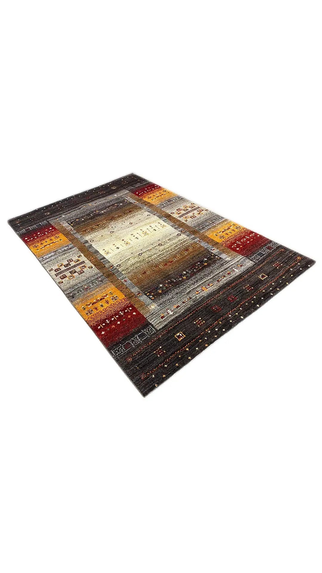 Gabbeh rug at an angle, central medallion with border stripes in dark brown and yellow