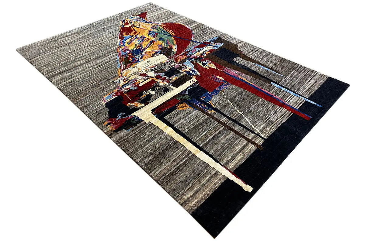 Gabbeh Lori rug with an abstract pattern and fine lines, gray and dark blue, angled