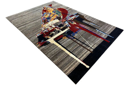 Gabbeh Lori rug with an abstract pattern and fine lines, gray and dark blue, angled