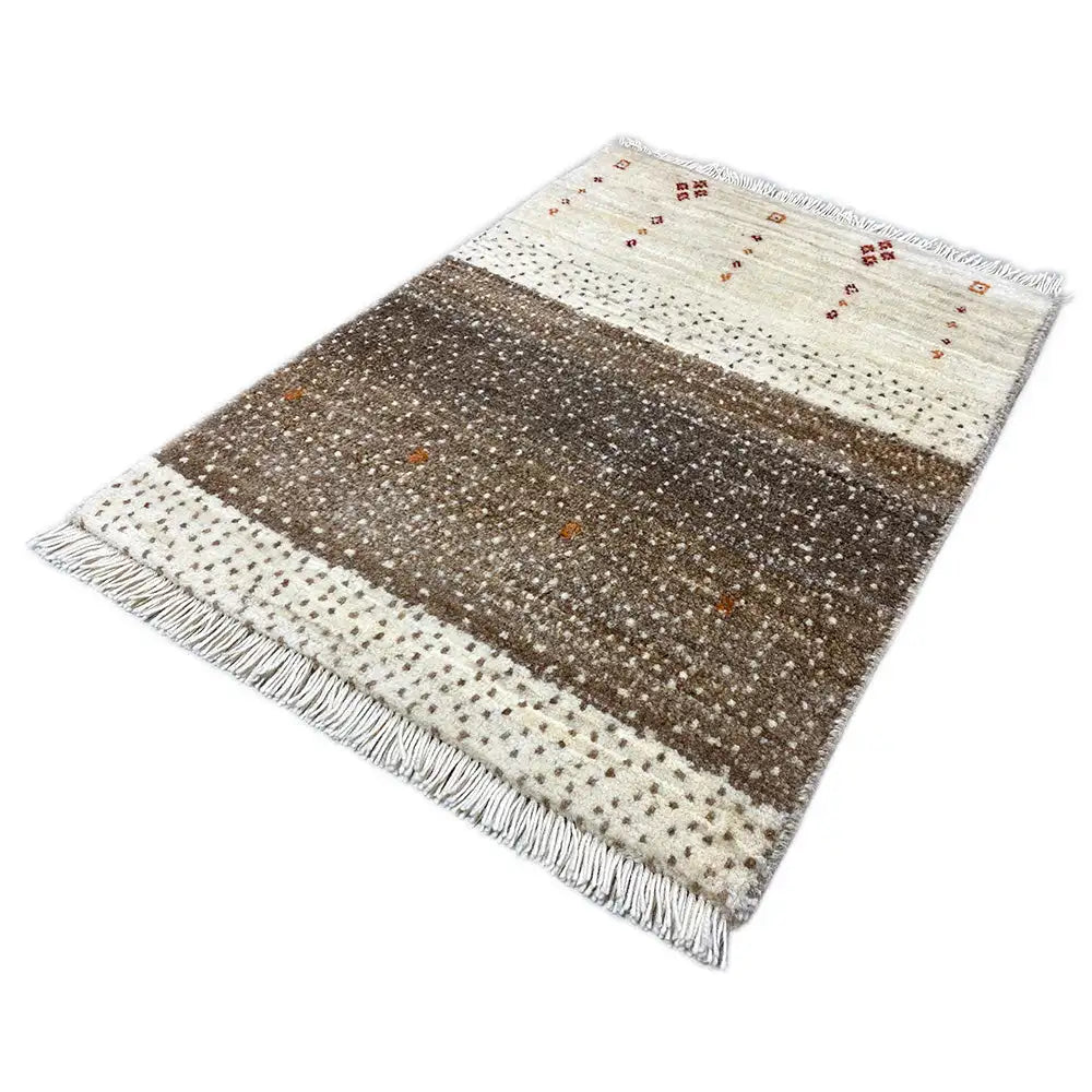 Gabbeh rug 58x43 cm with fringes, brown field with white dots and cream-colored bands