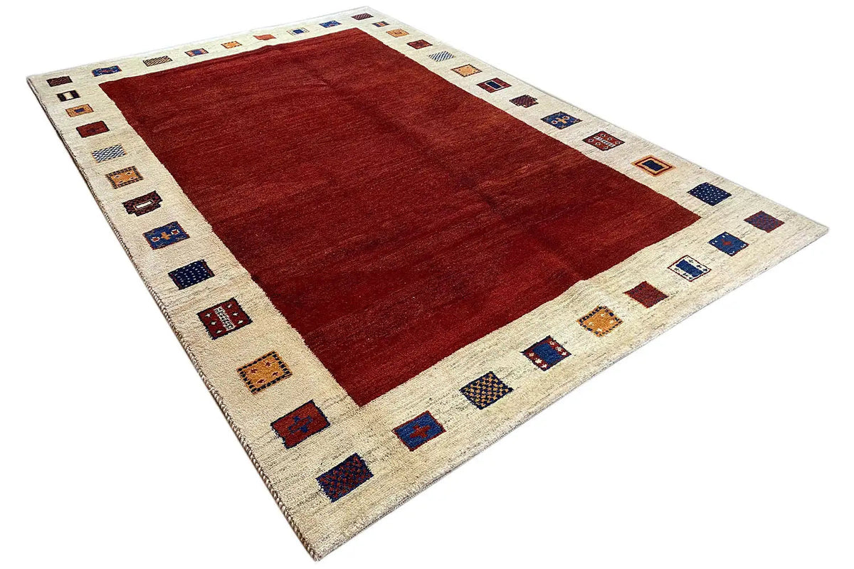 Gabbeh rug 297x202 cm, red central field and beige border with small motifs