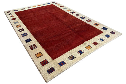 Gabbeh rug 297x202 cm, red central field and beige border with small motifs