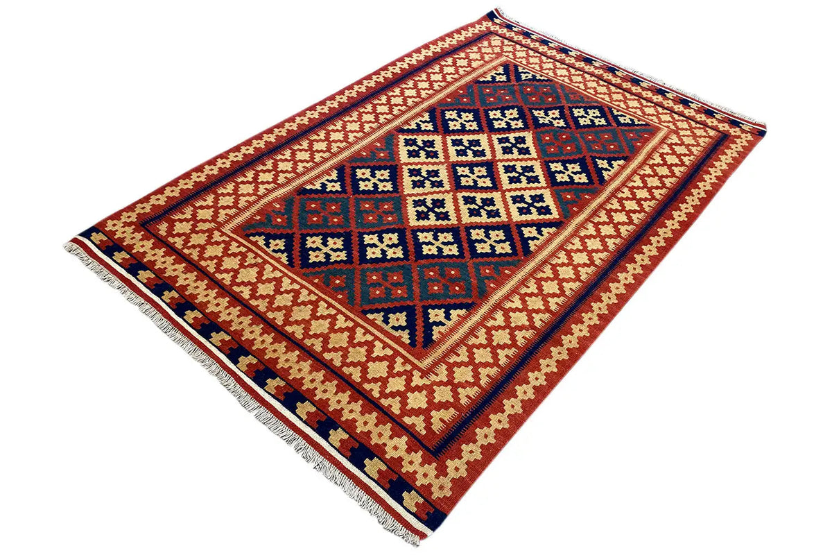 Kilim rug with central medallion and border, red ground, blue and cream motifs, fringes