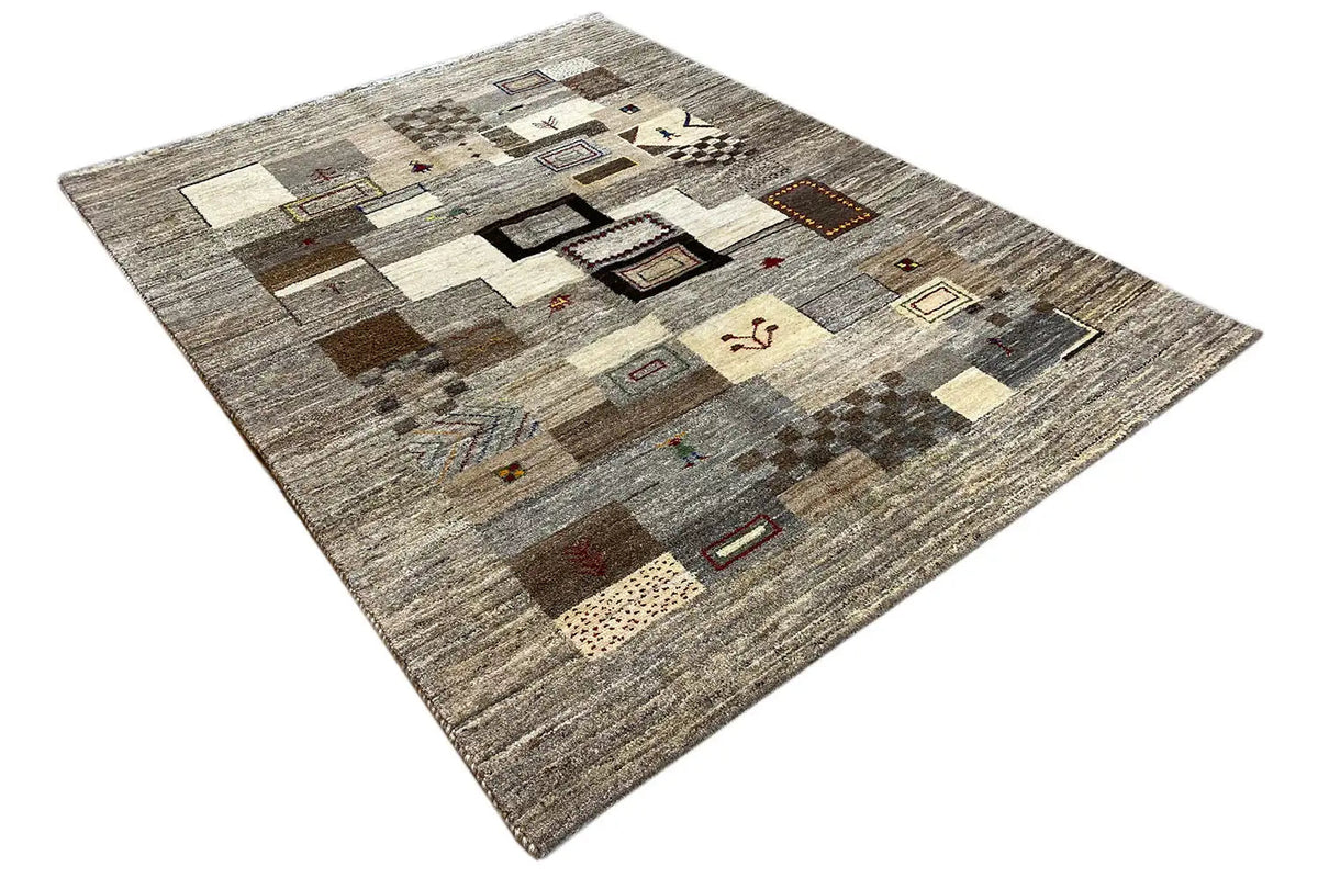 Gabbeh rug 206x155 cm, additional perspective with multicolored detail fields on gray