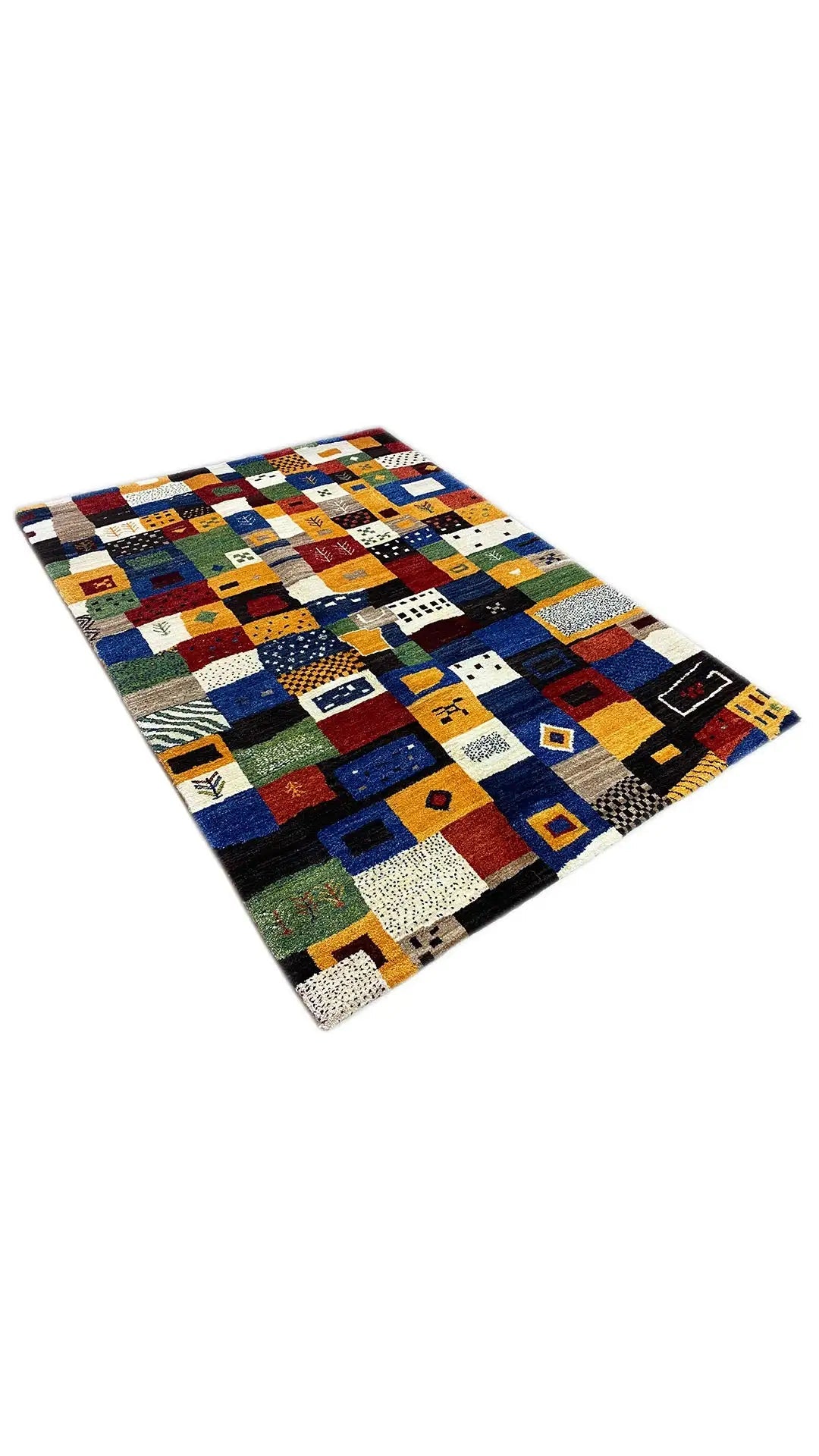 Gabbeh rug 194x140 cm, laid out with a patchwork mosaic of colorful squares