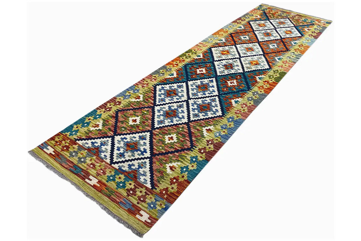 Kilim runner with colorful squares and diamonds, dense pattern, with fringes