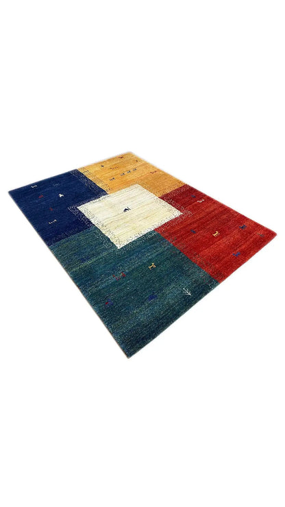 Gabbeh rug 202x151 cm with diagonal pattern: white square, blue, red and yellow