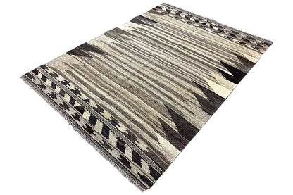 Kilim Qashqai rug with fringe, abstract striped pattern in gray and beige with dark accents