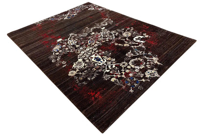 Gabbeh rug with a floral medallion pattern, dark brown, accented in red, white ornamentation