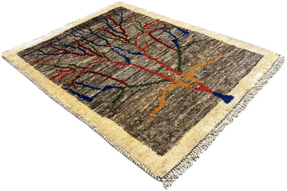 Gabbeh Lori rug 134x62 cm, gray-brown with colorful ornamental lines, beige border, tassels
