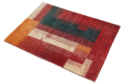 Gabbeh rug (89x60 cm) with contrasting color blocks in red, green, and beige